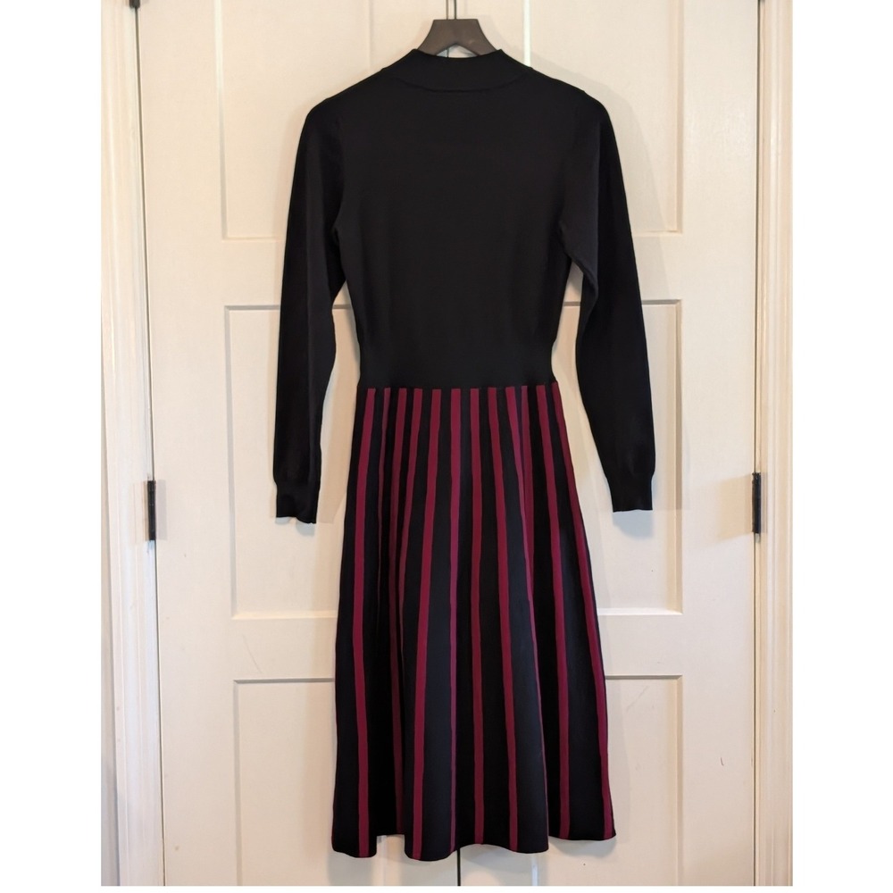 LAPIS Medium Black Burgundy Striped Midi Sweater Dress Mock Neck Long Sleeve